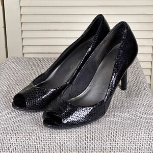 Chic FIONI Black Snakeskin Peep Toe Pumps Y2K Platform Heels 9.5M